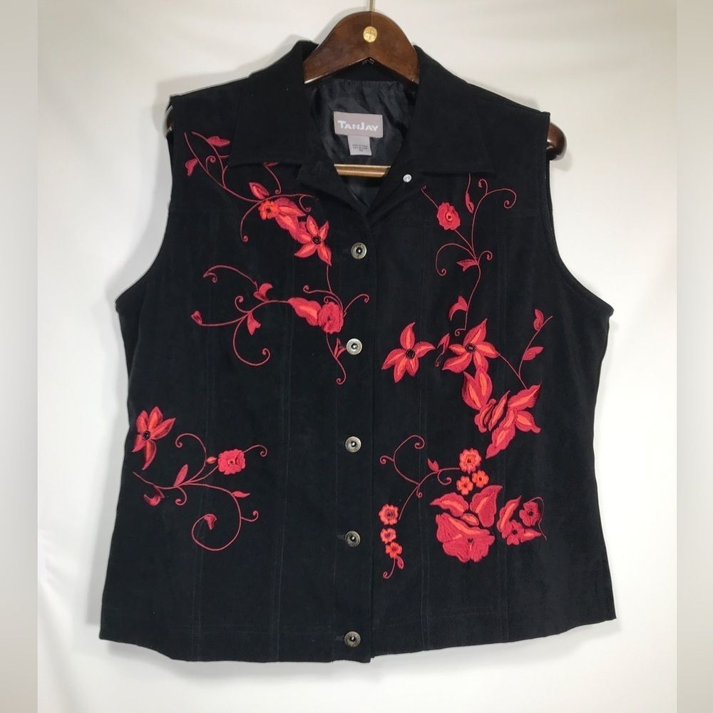 Tanjay Womens Black Vest Red Embroidery Sz 14